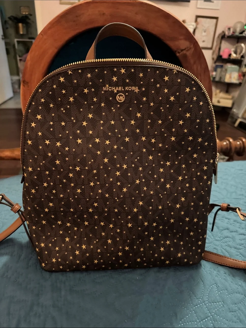 Michael Kors Brown Backpack with Gold Star Print
